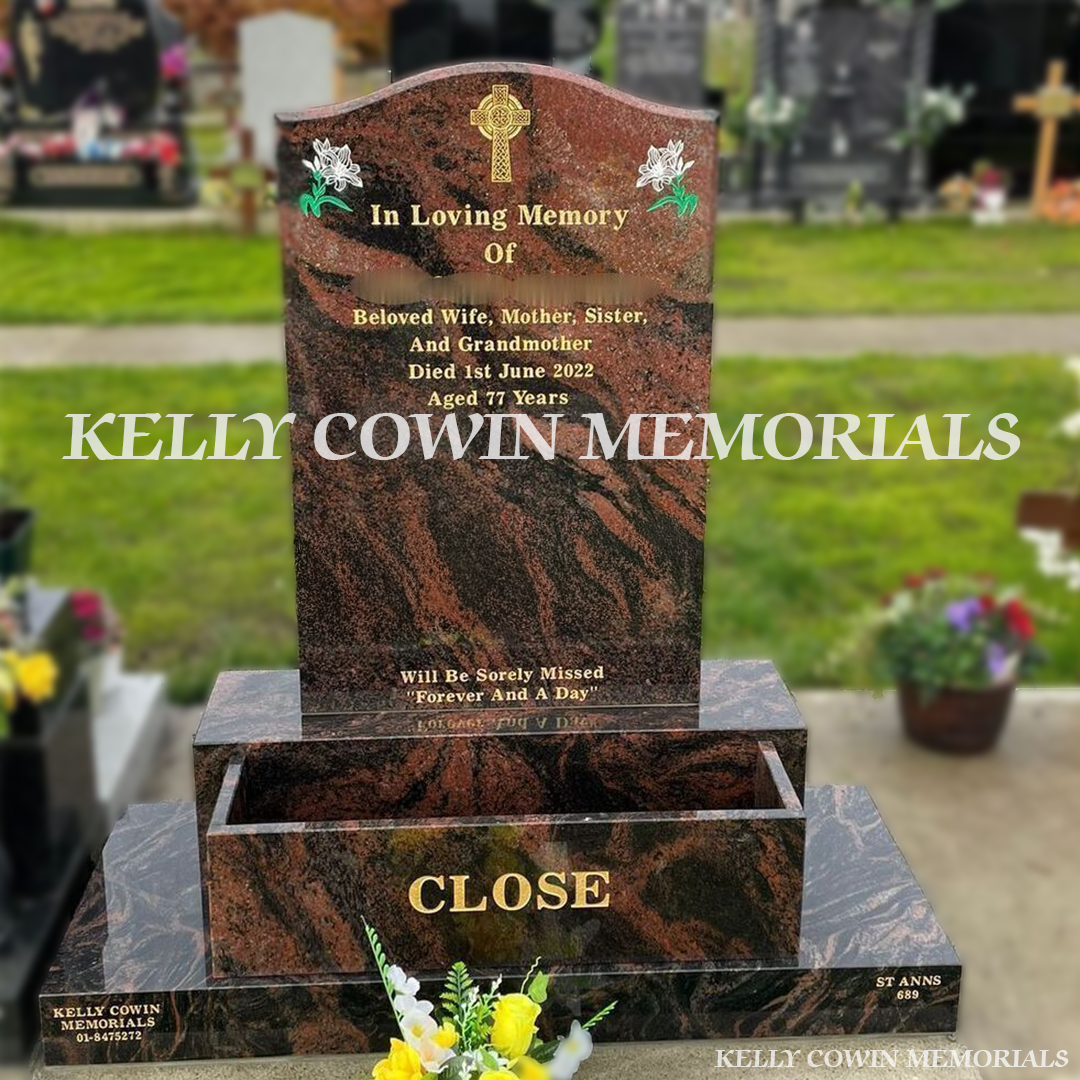Front view of Pandora OG shaped headstone with flower box erected in Balgriffin Cemetery Dublin by Kelly Cowin Memorials