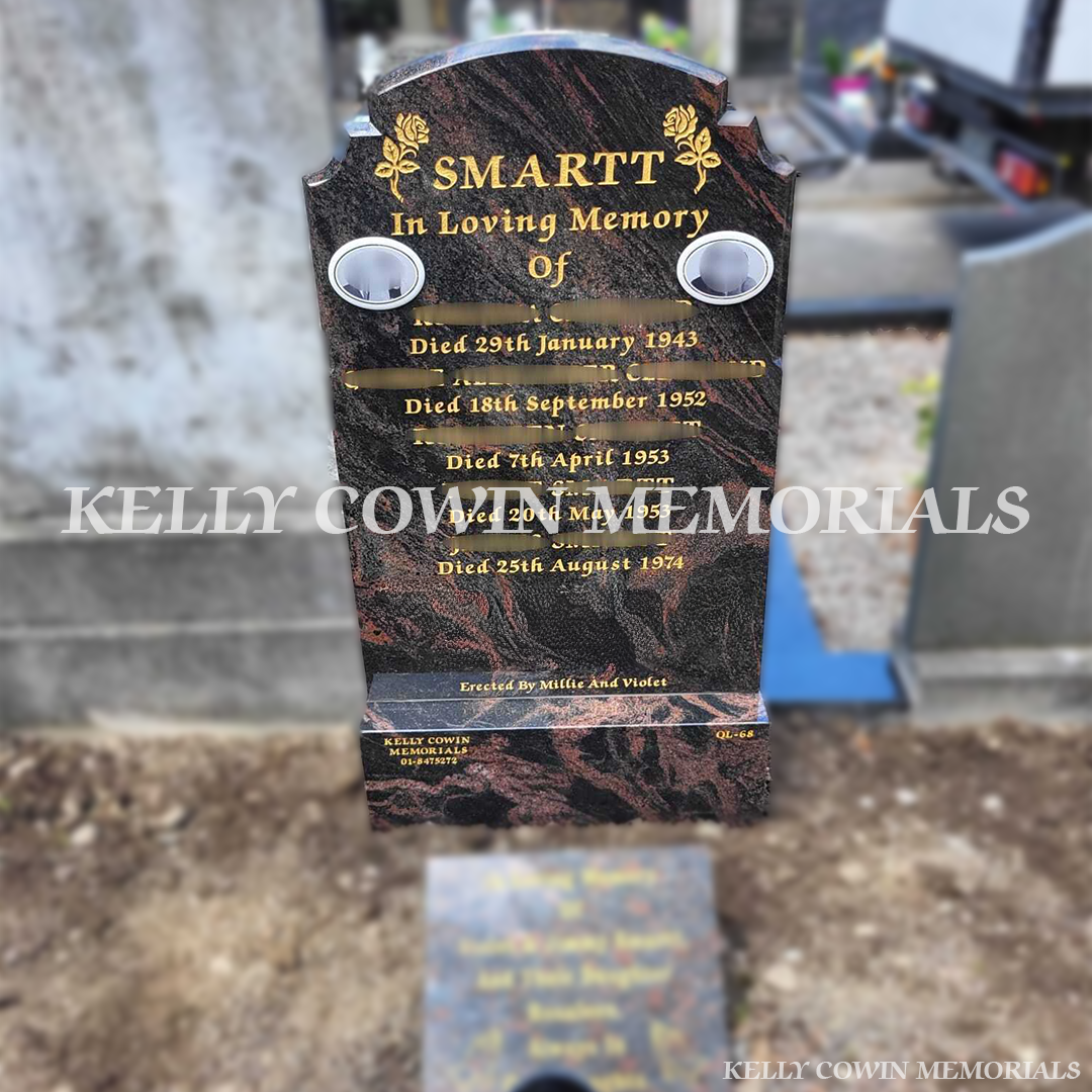 Close-up of pandora granite headstone with gold-leaf lettering at Glasnevin Cemetery by Kelly Cowin Memorials.