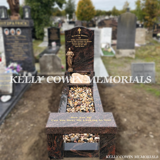 Pandora granite OG headstone with gold engraving, full grave kerbing, integrated memorial seat, mixed polished pebbles, custom-made lion and bronze Sacred Heart statue, erected in Glasnevin Cemetery, Dublin, by Kelly Cowin Memorials.