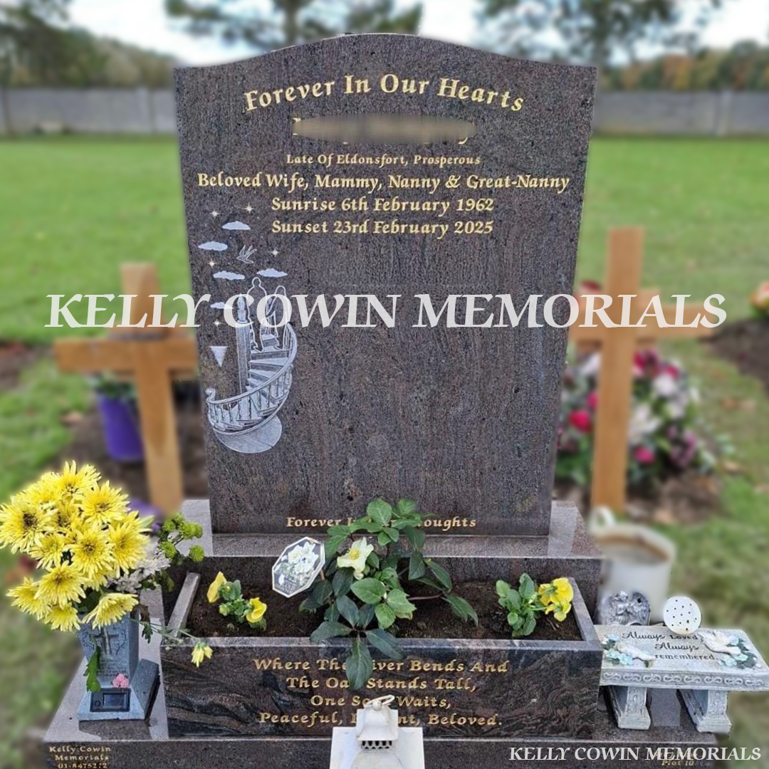 Front view of Paradiso granite OG headstone with gold inscription in Mainham Cemetery Kildare