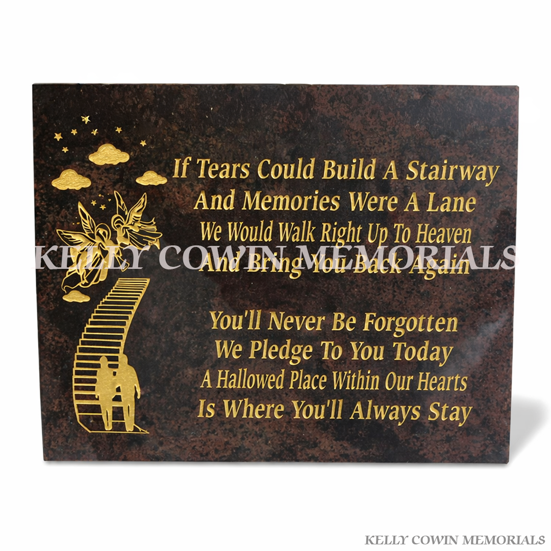 Pandora granite memorial plaque with gold inscription by Kelly Cowin Memorials Ireland