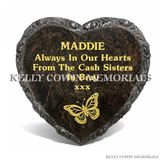 14 inch carved rose granite heart grave accessory with personalised engraving, handcrafted in Ireland, available locally and nationwide
