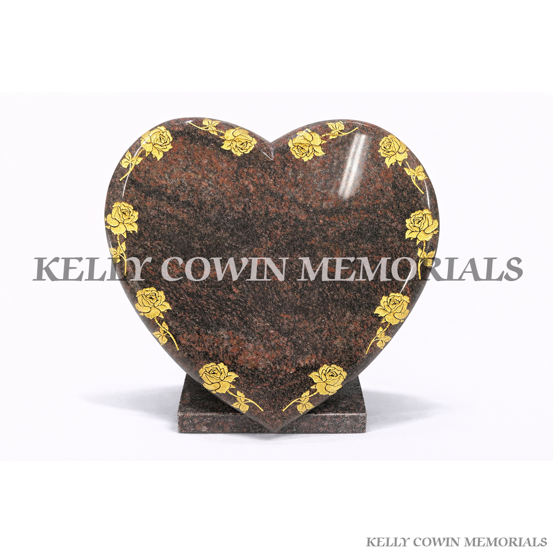 12 inch granite heart memorial with engraved gold roses in Ireland