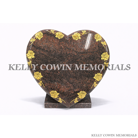 12 inch granite heart memorial with engraved gold roses in Ireland