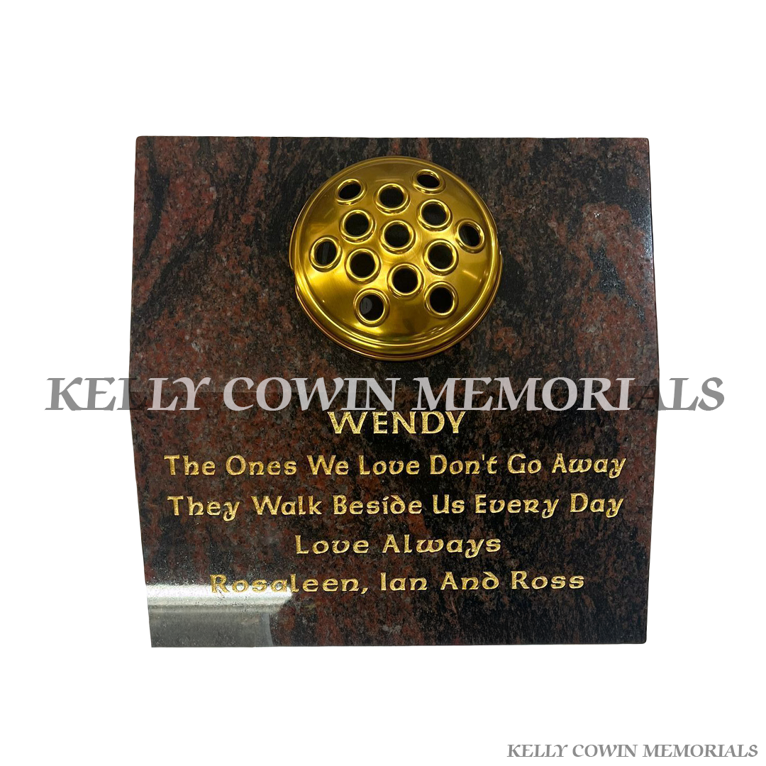Pandora granite sloped vase grave accessory with gold flower holder and engraved memorial text in Dublin and nationwide Ireland
