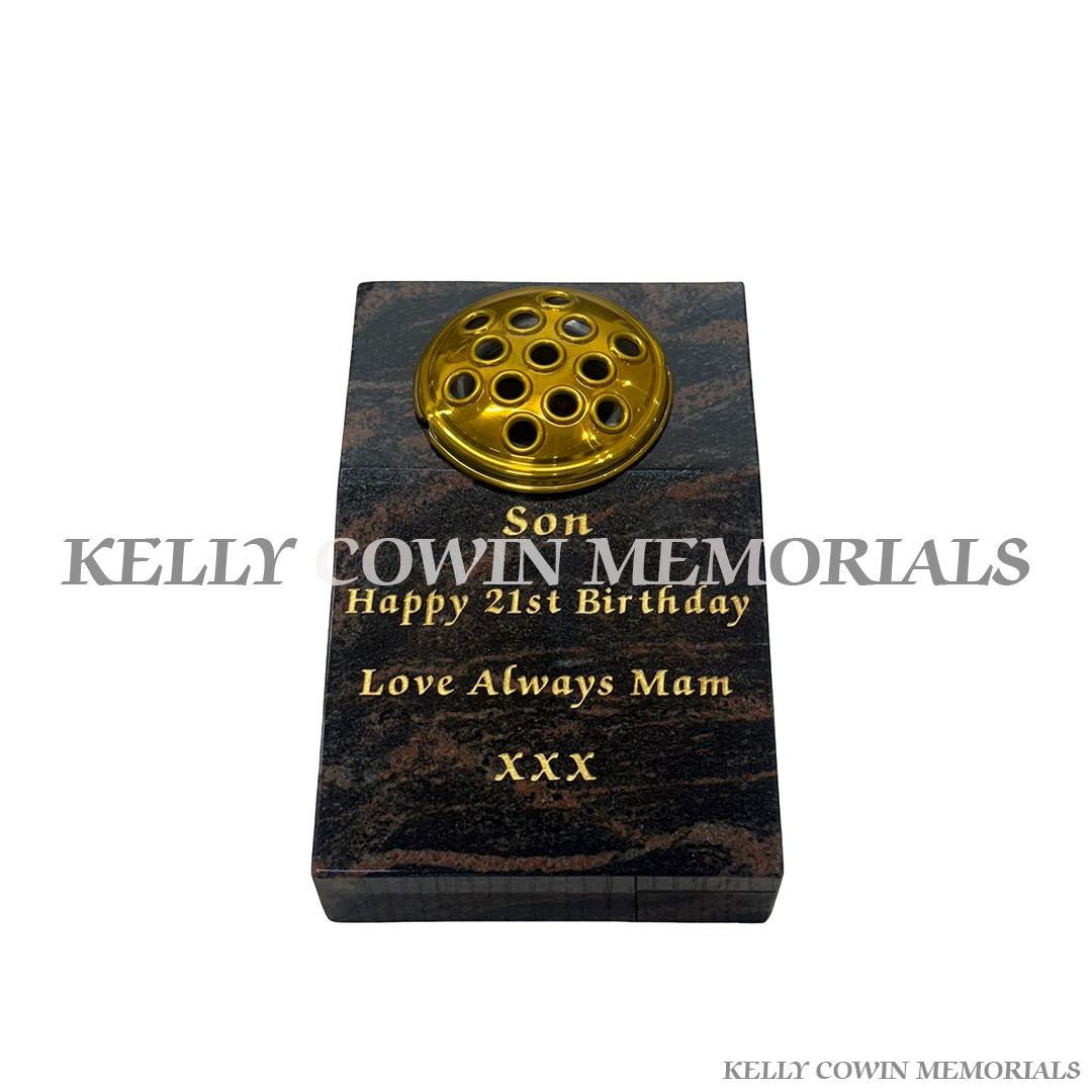 Pandora granite sloped vase grave accessory with gold engraving and flower holder for memorials in Dublin and nationwide Ireland front view