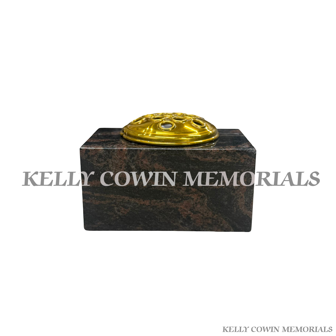 Pandora granite sloped vase grave accessory with gold engraving and flower holder for memorials in Dublin and nationwide Ireland back view