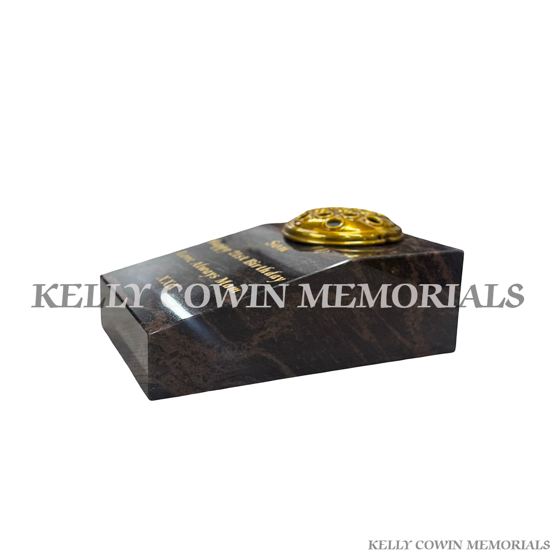Pandora granite sloped vase grave accessory with gold engraving and flower holder for memorials in Dublin and nationwide Ireland side view