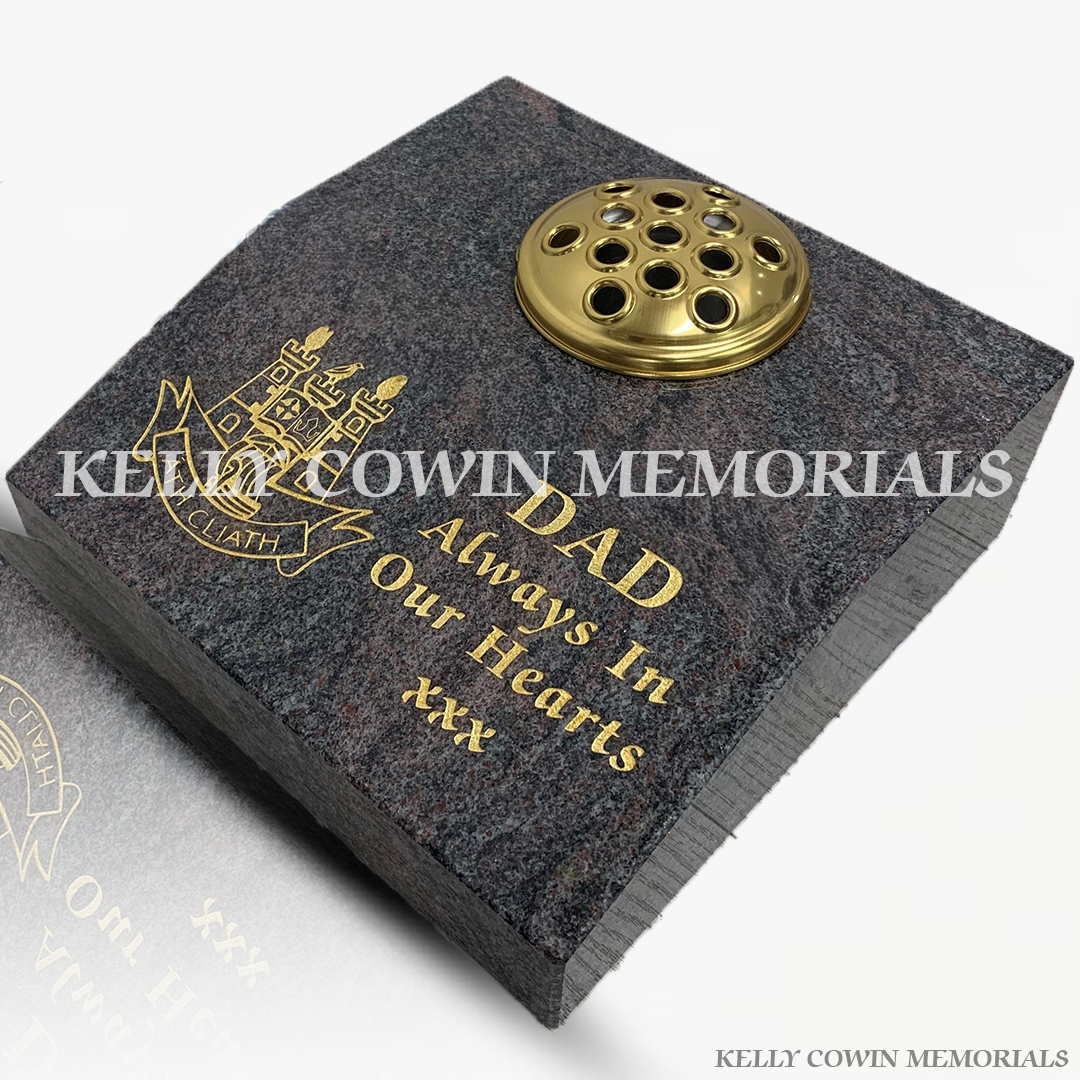 Paradiso granite sloped memorial vase with gold inscription by Kelly Cowin Memorials