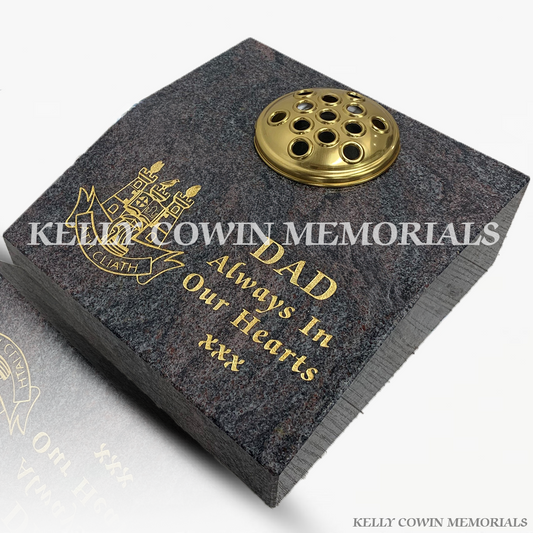 Paradiso granite sloped memorial vase with gold inscription by Kelly Cowin Memorials