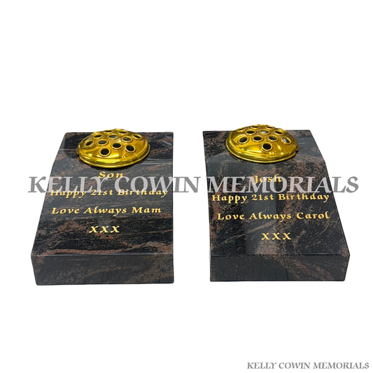 Pandora granite sloped vase grave accessory with gold engraving and flower holder for memorials in Dublin and nationwide Ireland