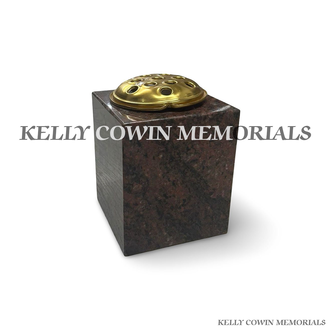 Back view of Pandora granite square vase with gold lid and gold inscription