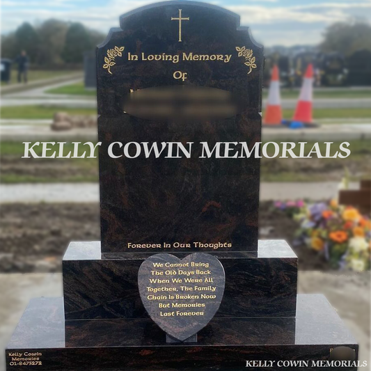Front view of Pandora Top Nine headstone on base and plinth with 12 inch granite heart in Balgriffin Cemetery Dublin