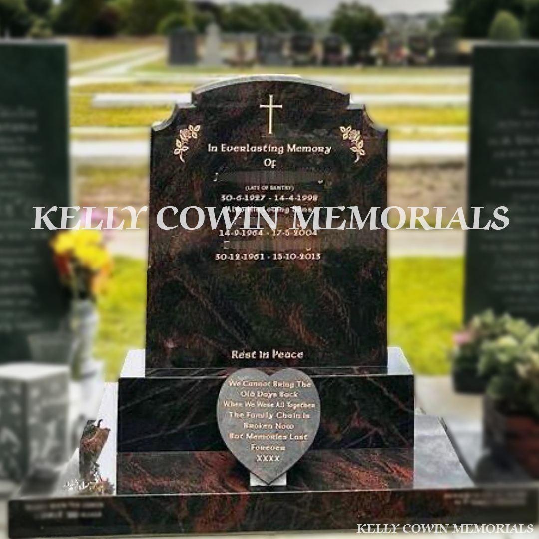 Front view:
Front view of Pandora Top Nine headstone on base and plinth with heart accessory in Balgriffin Cemetery Dublin