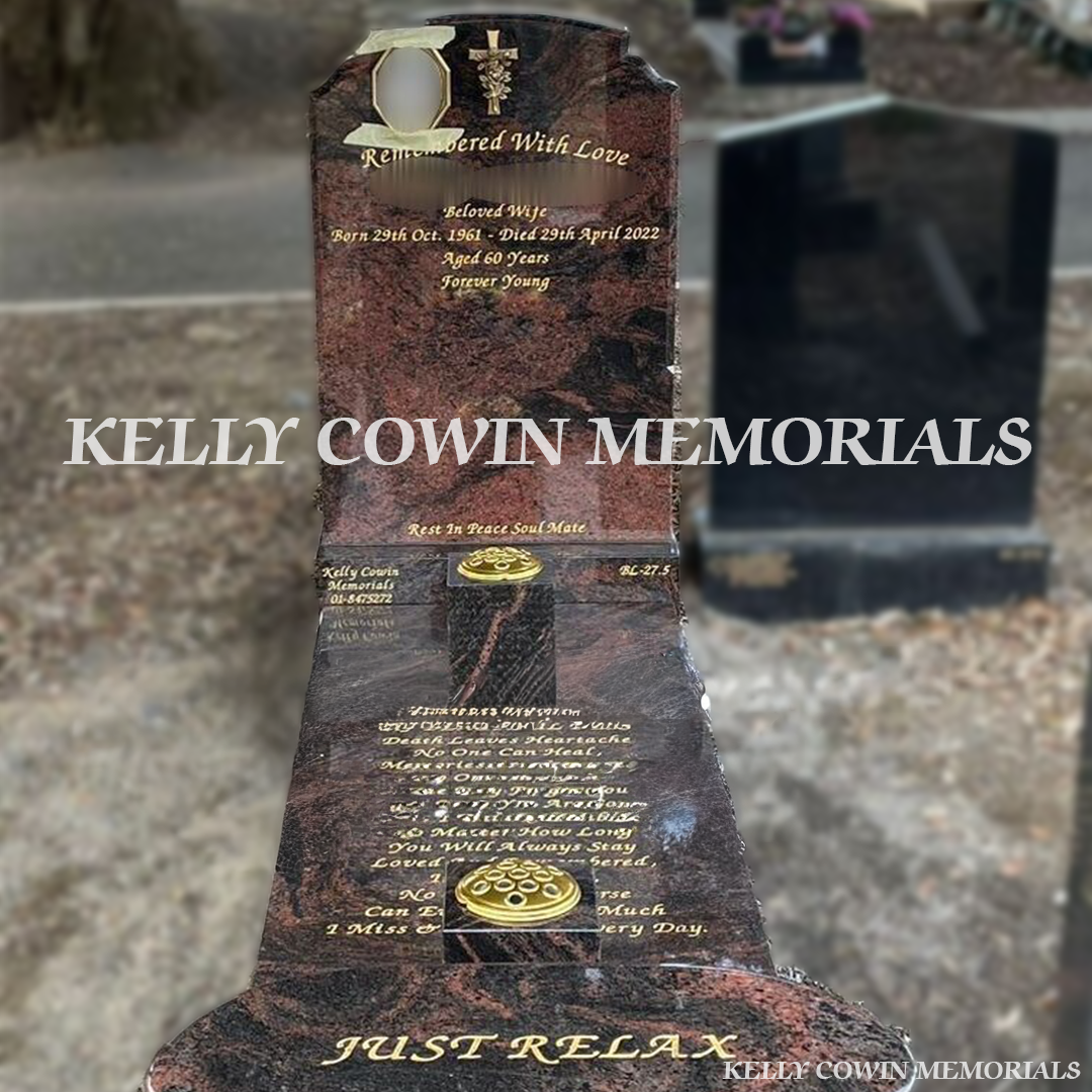 Front view of Pandora Top Nine headstone with kerbing, covering slab and bench erected in Glasnevin Cemetery by Kelly Cowin Memorials