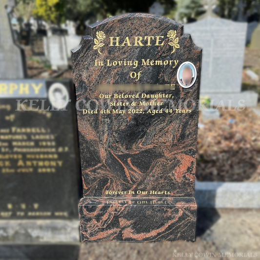 Complete Pandora Top Nine memorial with engraved lettering erected in Glasnevin Cemetery by Kelly Cowin Memorials