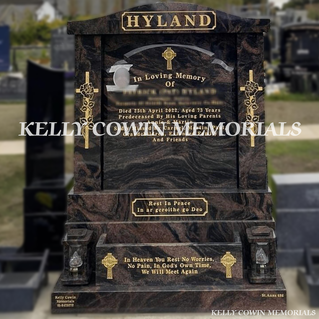 Front view of Pandora Top Nine headstone with cap, pillars, flower box and lanterns erected in Balgriffin Cemetery Dublin