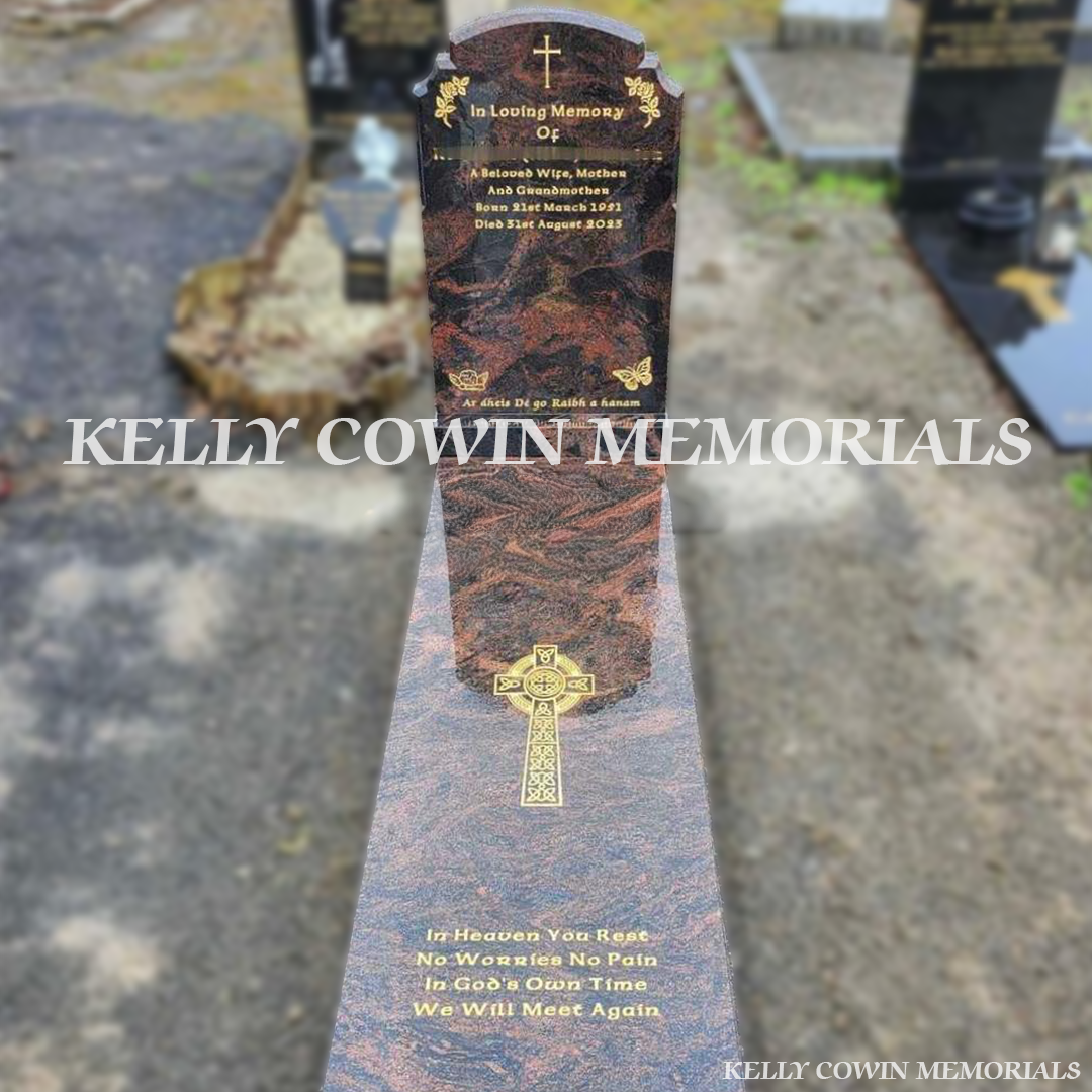 Pandora Top Nine headstone with granite kerbing and full covering slab in Glasnevin Cemetery
