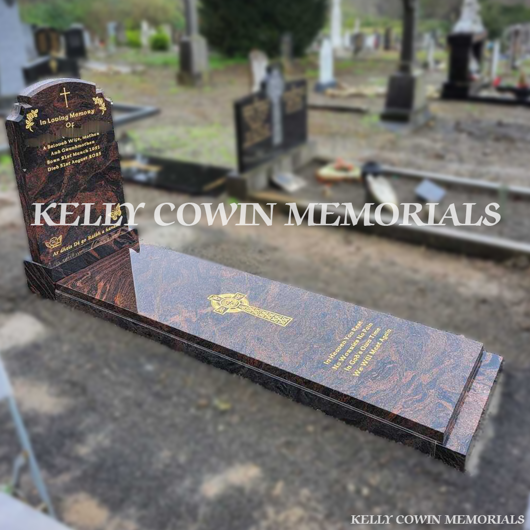 Side view of pandora Top Nine headstone with granite kerbing and full covering slab in Glasnevin Cemetery