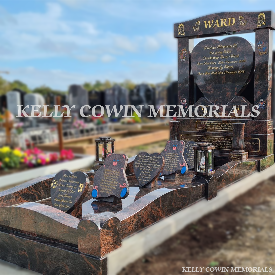 “Pandora heart shaped traveller headstone with twisted pillars and full kerbing installed in Fingal Cemetery Dublin.”