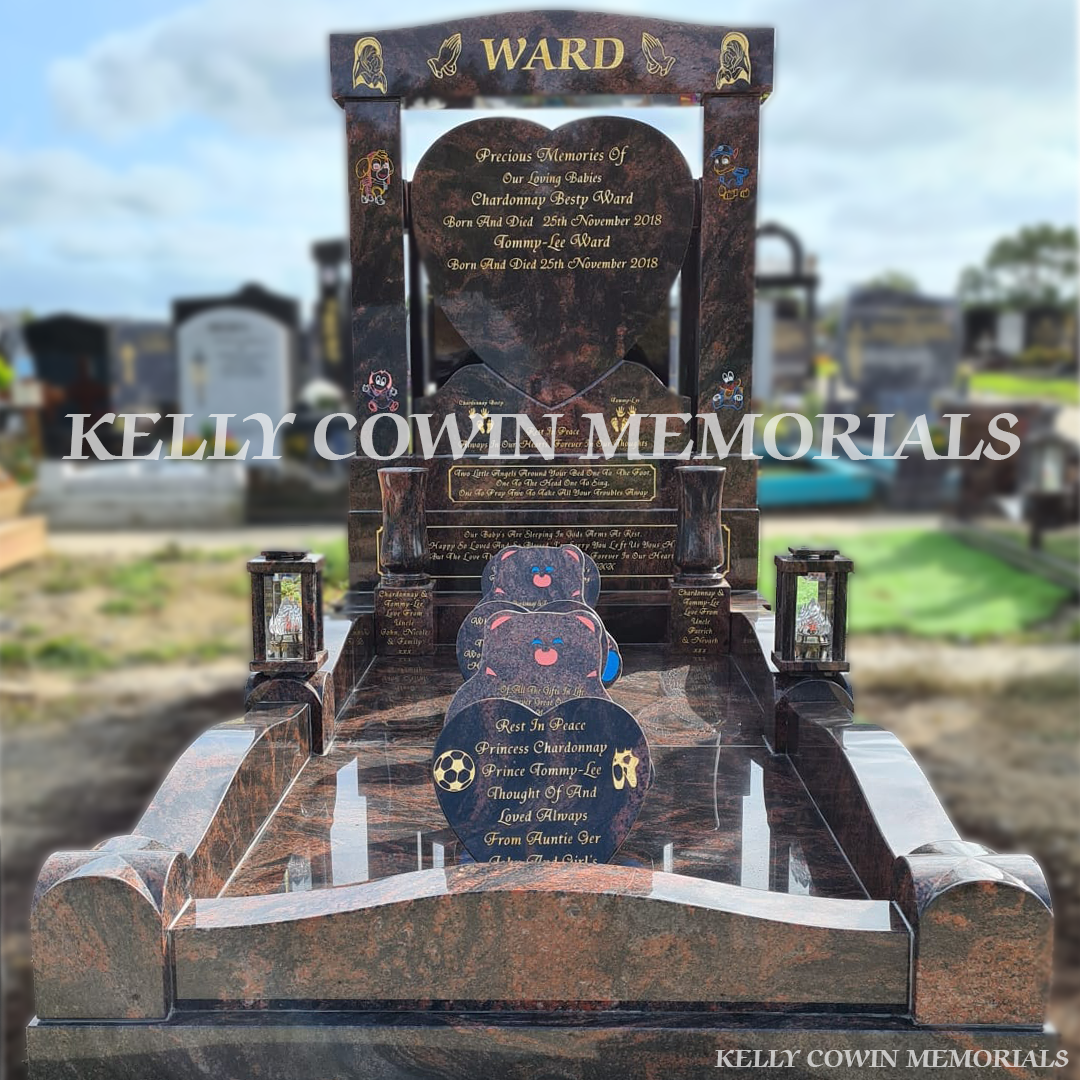 “Pandora heart shaped traveller headstone with twisted pillars and full kerbing installed in Fingal Cemetery Dublin.”
