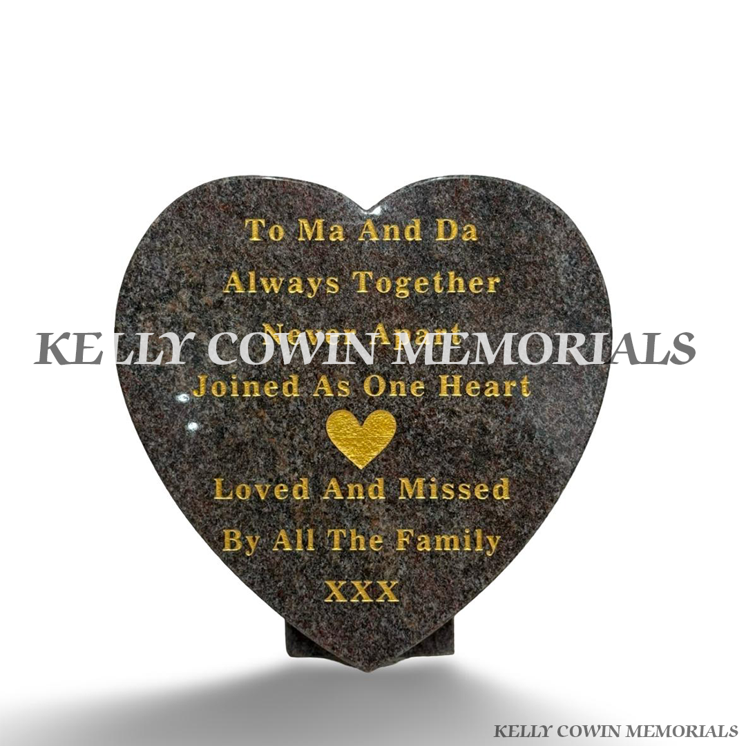 12 inch Paradiso granite heart memorial plaque with personalised gold engraved wording by Kelly Cowin Memorials Ireland