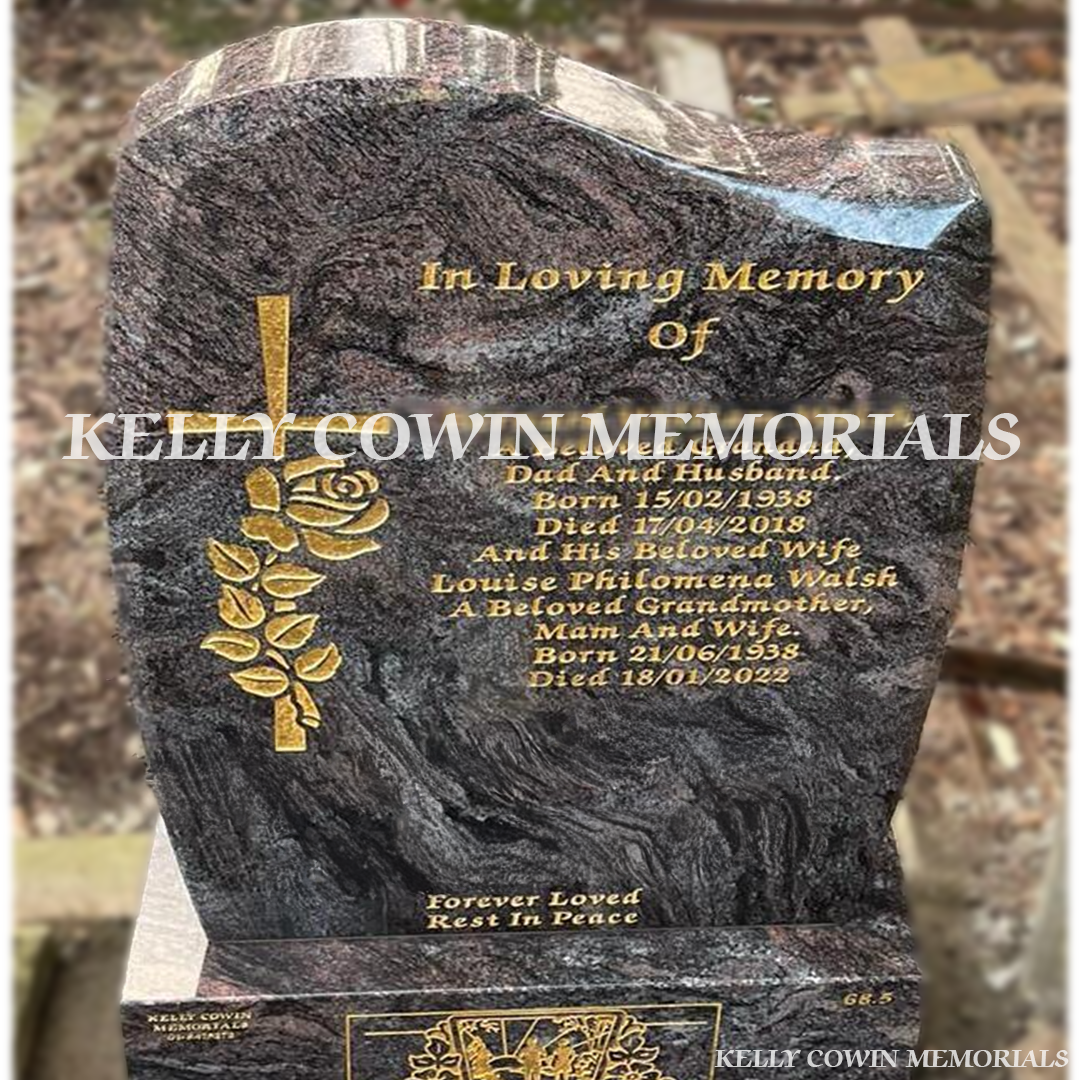 Front view of Paradiso C1 granite headstone on matching base erected in Glasnevin Cemetery by Kelly Cowin Memorials