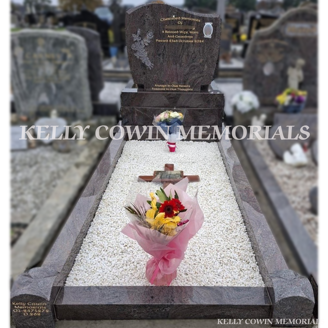 Paradiso (red/Brown) C1 headstone and kerbing with 4 bishop hats and decorative chippings installed in Fingal Cemetery Dublin, by Kelly Cowin Memorials