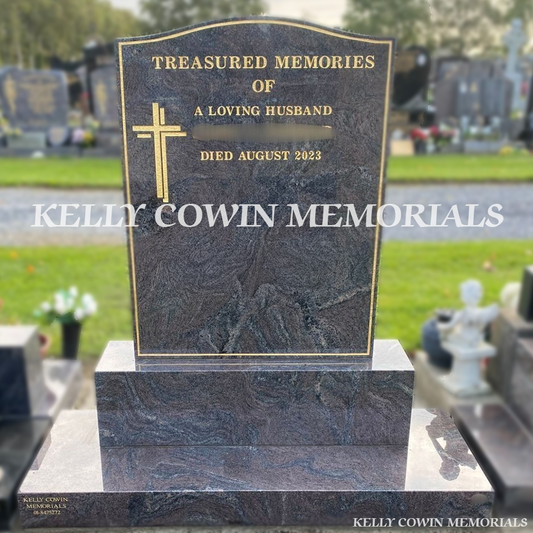 Front view of Paradiso OG headstone with gold inscription on base and plinth in Dardistown Cemetery Dublin