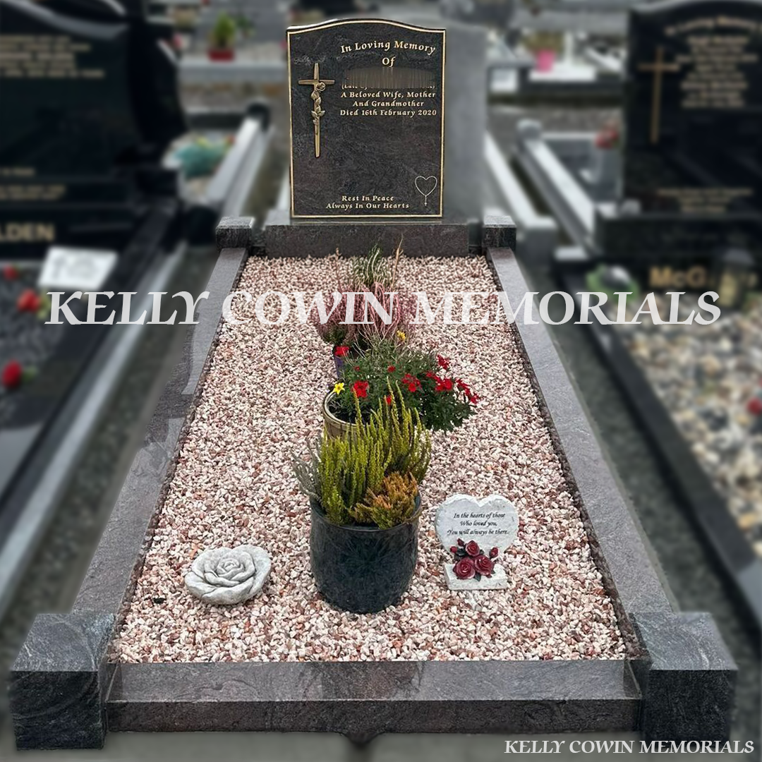 Front view of Pandora granite OG headstone with gold inscription in Coosan Cemetery