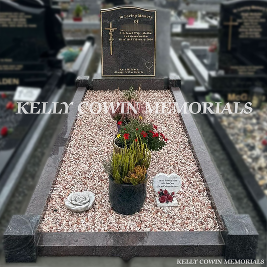 Front view of Pandora granite OG headstone with gold inscription in Coosan Cemetery