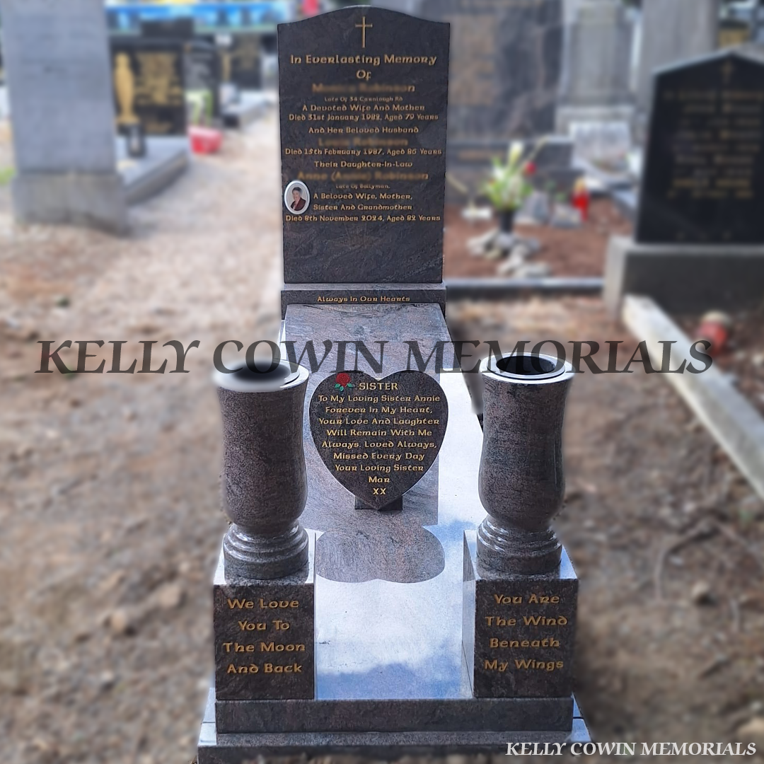 Paradiso OG granite headstone with full kerbing, covering slab, two large vases on blocks, 12-inch heart, ceramic photo and gold inscription in Glasnevin Cemetery Dublin by Kelly Cowin Memorials.