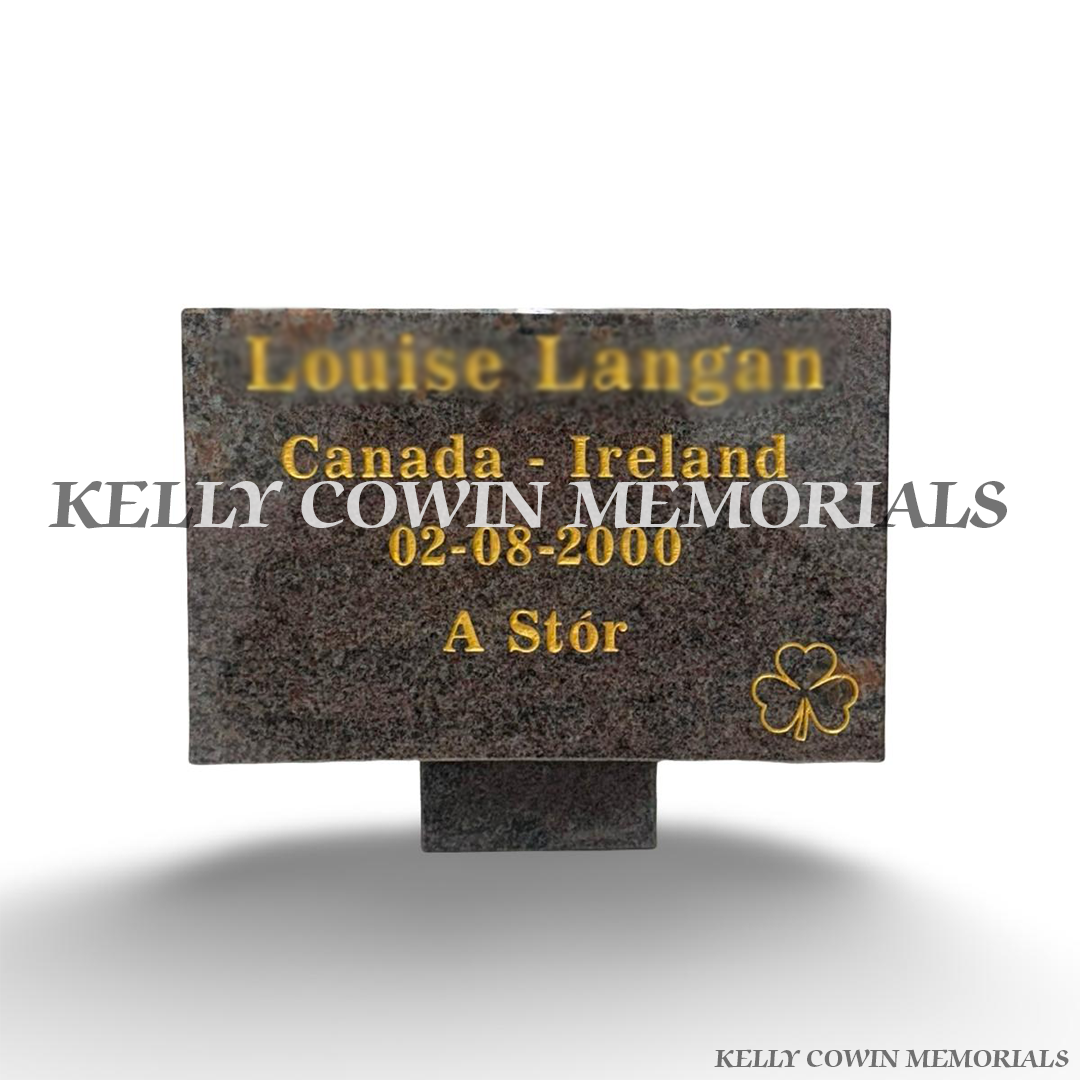 Paradiso granite memorial plaque with personalised gold engraving and engraved shamrock by Kelly Cowin Memorials Dublin Ireland