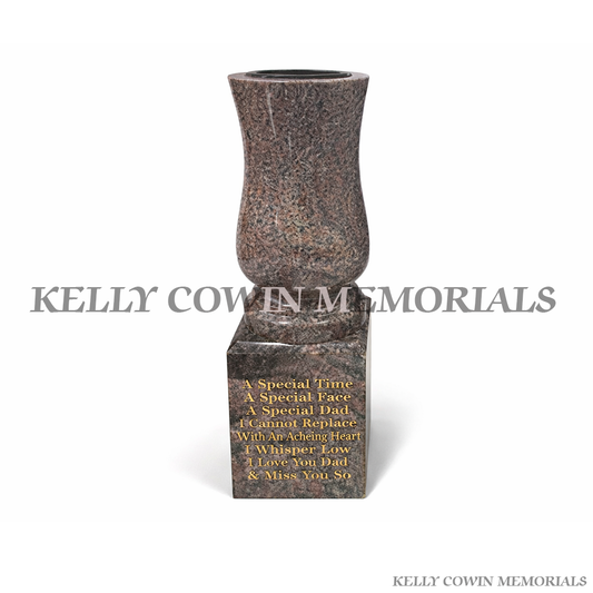 Paradiso tall granite memorial vase on block base with personalised engraved inscription – Kelly Cowin Memorials Ireland
