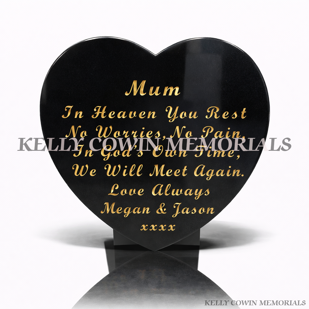 12 inch black granite heart shaped memorial plaque with gold lettering by Kelly Cowin Memorials Ireland