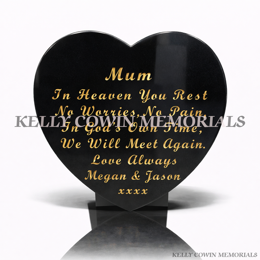 12 inch black granite heart shaped memorial plaque with gold lettering by Kelly Cowin Memorials Ireland