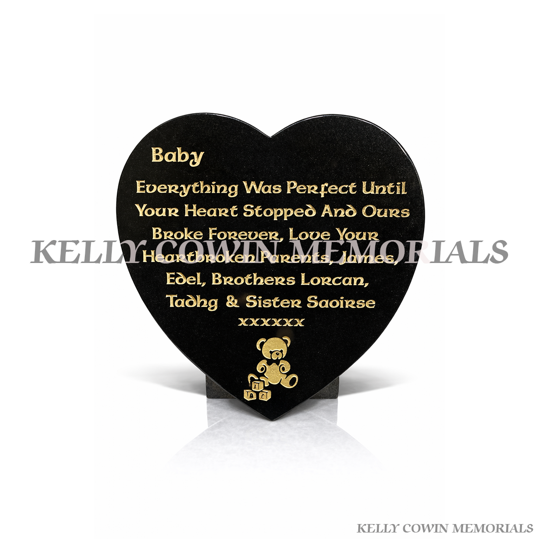 Black granite 12 inch heart shaped memorial plaque with personalised engraving by Kelly Cowin Memorials, available locally and nationwide