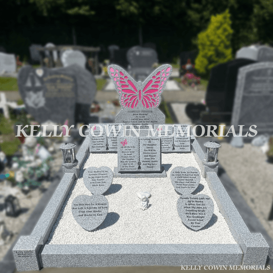 Pink Butterfly Child’s Granite Headstone With Full Kerbing — St. Finian’s Cemetery, Navan - Kelly Cowin Memorials