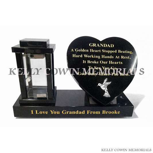 Black granite lantern and heart memorial on plinth with gold lettering by Kelly Cowin Memorials Irelan