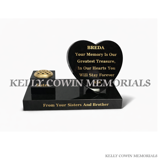Black granite 12 inch heart memorial with square vase on plinth in Ireland