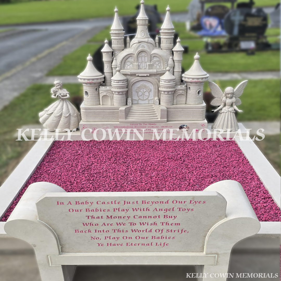 Haley Beige princess castle children’s memorial with pink chippings and Disney-style characters in County Clare.