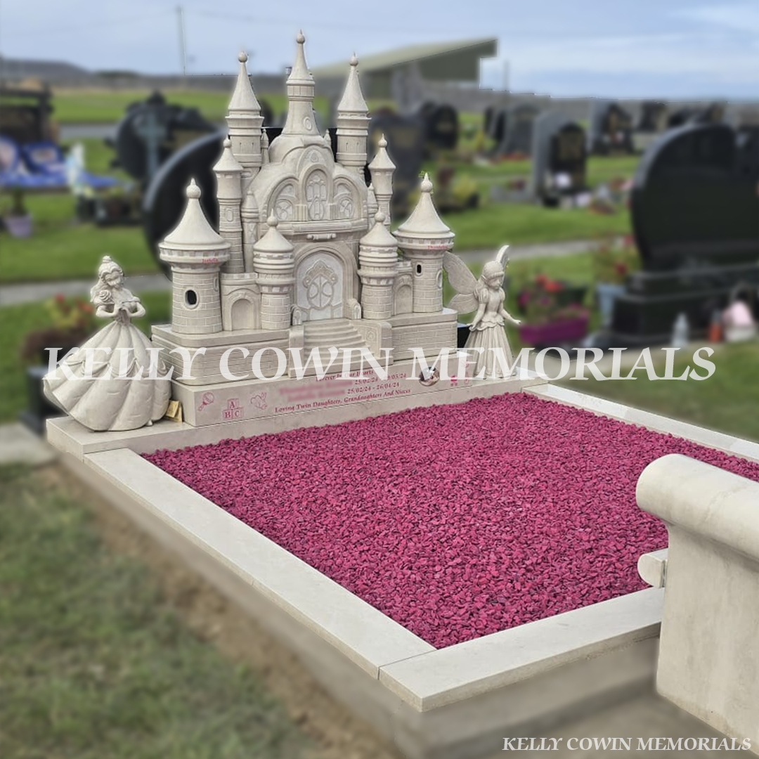 Low-angle view of Haley Beige princess castle children’s memorial with pink chippings in County Clare.