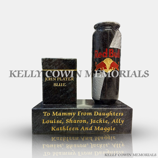 Blue Lagoon granite memorial with smokes and Red Bull, personalised plinth, Dublin and nationwide by Kelly Cowin Memorials
