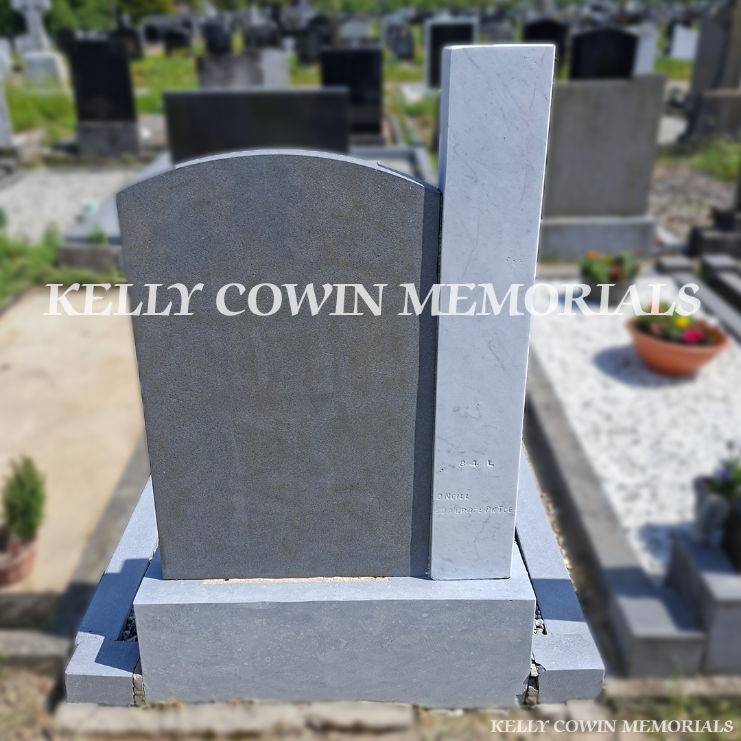 After renovation of restored marble panel and limestone kerbing in Balgriffin Cemetery
