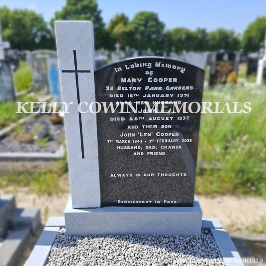 After renovation of restored marble panel and limestone kerbing in Balgriffin Cemetery