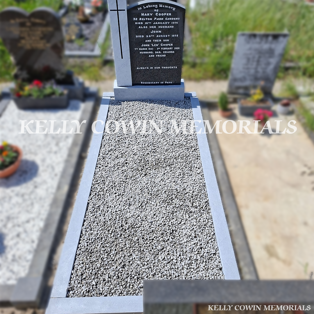 After renovation of restored marble panel and limestone kerbing in Balgriffin Cemetery