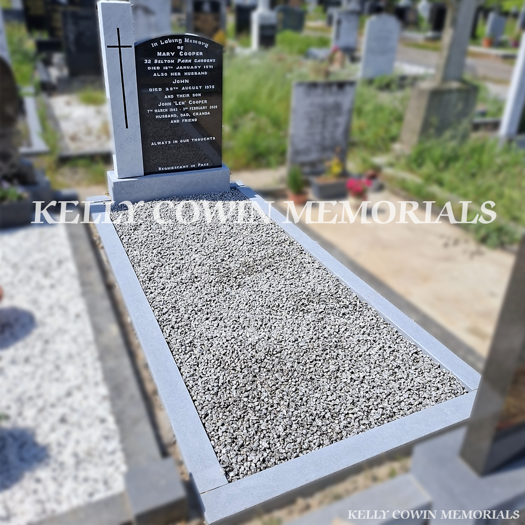 After renovation of restored marble panel and limestone kerbing in Balgriffin Cemetery