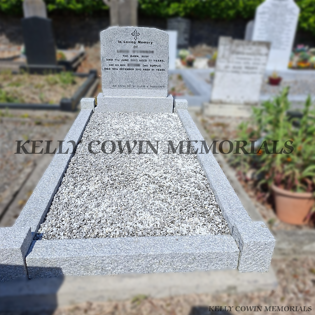 After renovation of restored granite boulder headstone and limestone kerbing in Lusk Cemetery
