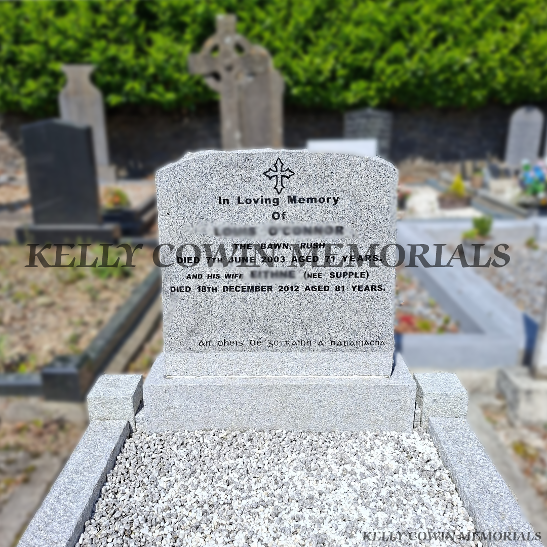 After renovation of restored granite boulder headstone and limestone kerbing in Lusk Cemetery