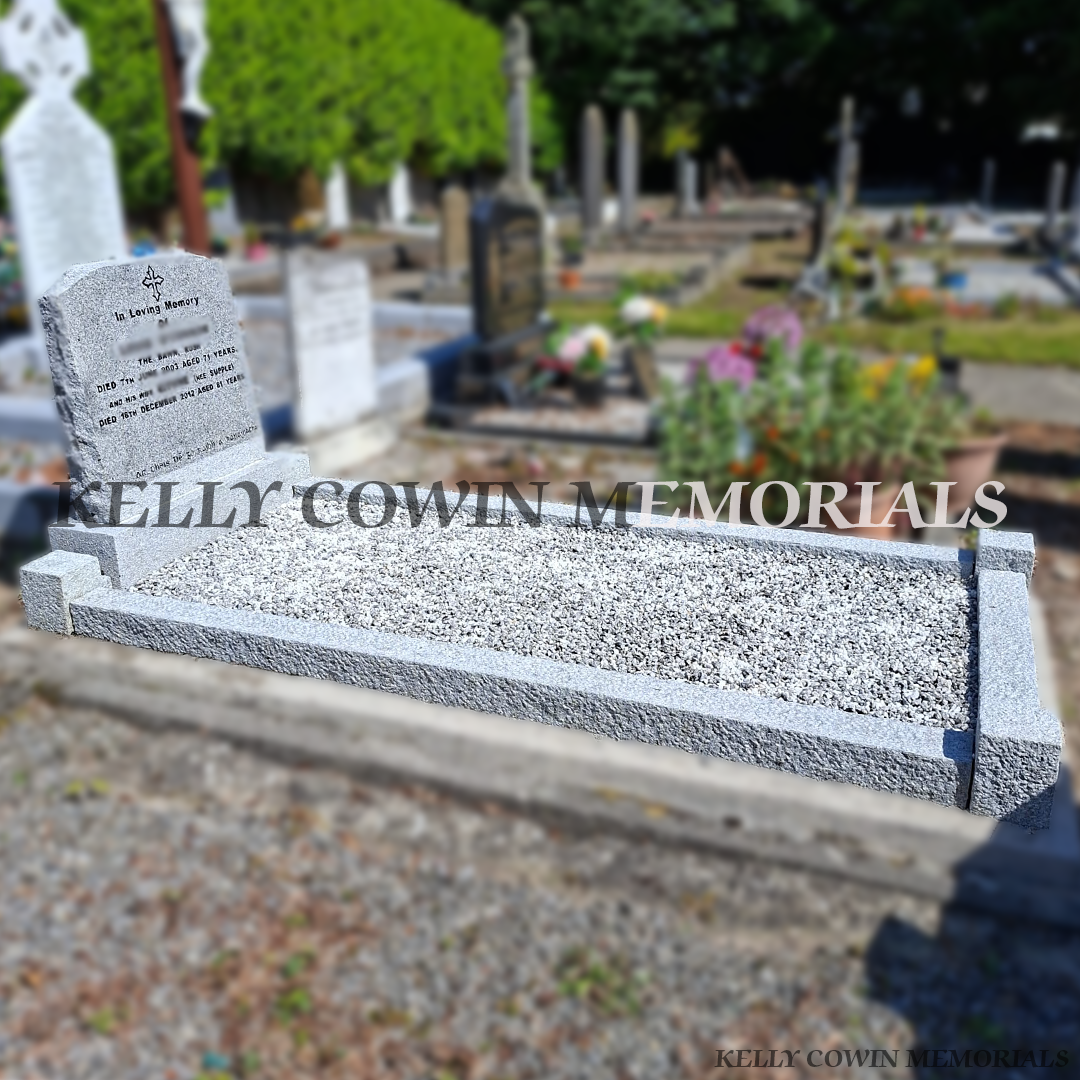 After renovation of restored granite boulder headstone and limestone kerbing in Lusk Cemetery